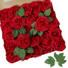 A box filled with thirty artificial red roses and green leaves.