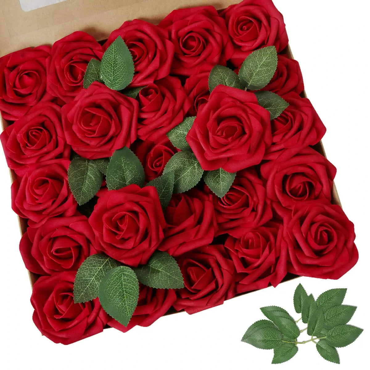 A box filled with thirty artificial red roses and green leaves.