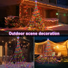 Outdoor scene decoration featuring a Christmas tree made of solar-powered star waterfall lights illuminating a snowy landscap