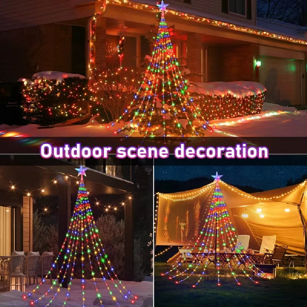 Outdoor scene decoration featuring a Christmas tree made of solar-powered star waterfall lights illuminating a snowy landscap