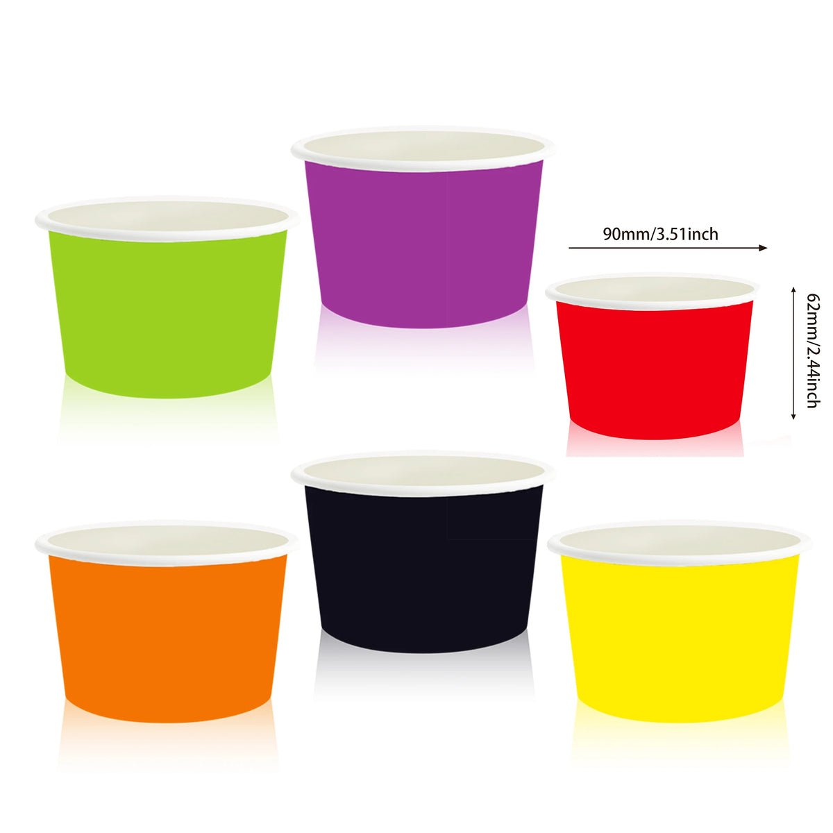 A collection of solid color disposable paper food trays in purple, green, red, orange, and yellow.