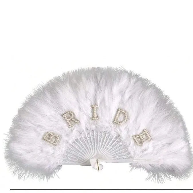 Bridal white feather hand fan with rhinestone bride letter decoration