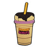 A plastic cup filled with ice cream topped with chocolate and a yellow straw, featuring the Dunkin' Donuts logo.