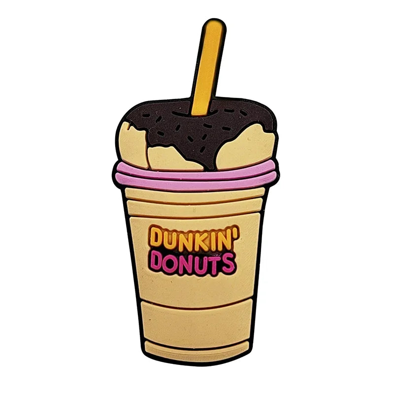 A plastic cup filled with ice cream topped with chocolate and a yellow straw, featuring the Dunkin' Donuts logo.
