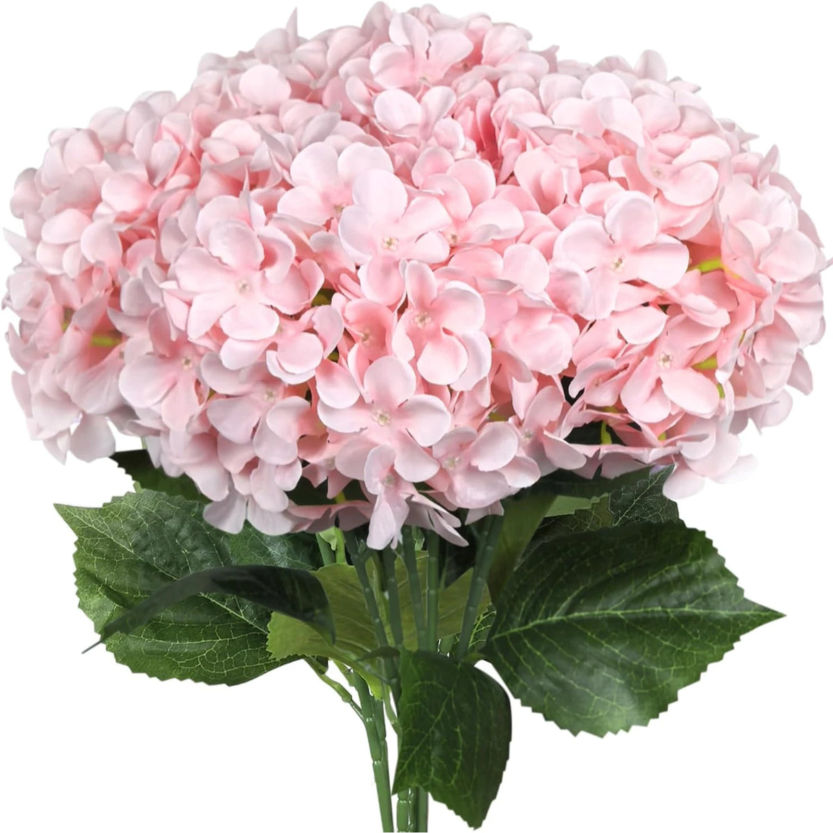 A large bouquet of pink artificial hydrangea flowers with green leaves.