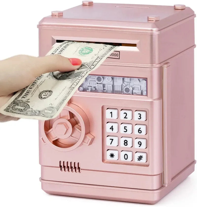 A pink combination lock piggy bank is shown with a hand inserting a banknote into the slot.
