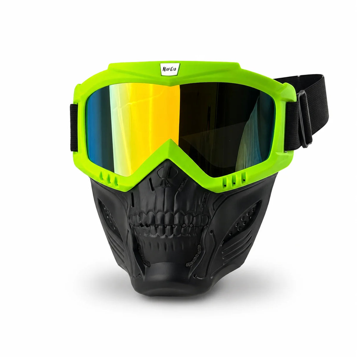 A pair of neon green full face skull riding goggles with a black strap and tinted lenses.