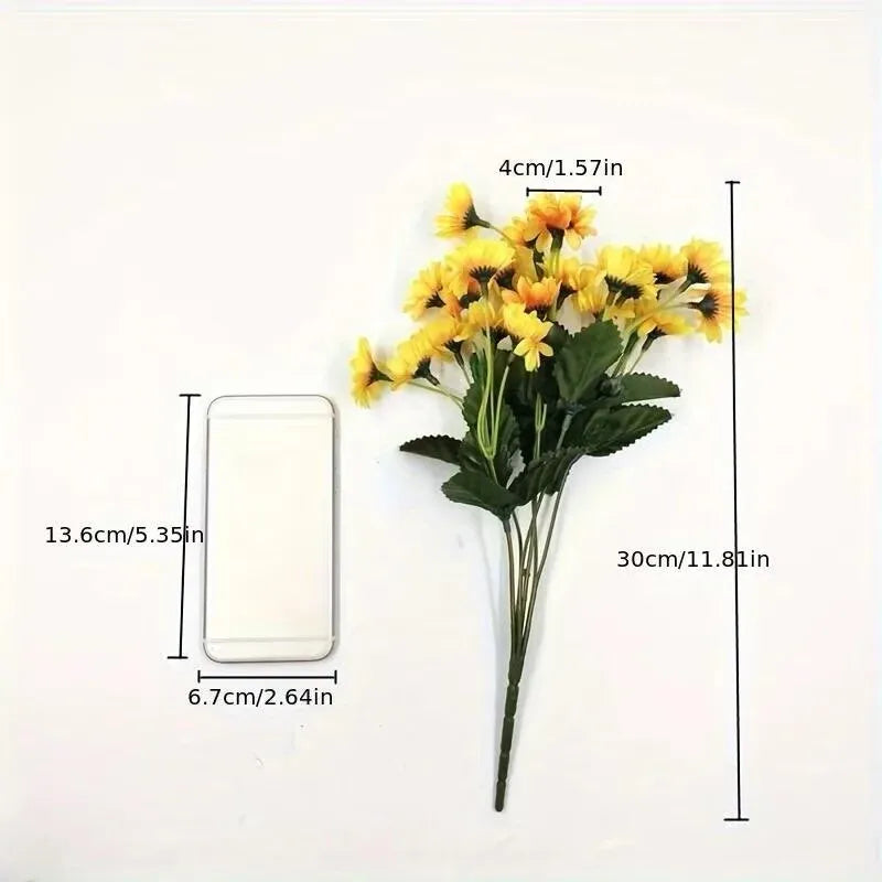 A bouquet of artificial yellow sunflowers with accompanying dimensions shown.