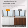 A kitchen window showing a renovated area with white cabinets and dark wood, demonstrating oil stain cleaning.