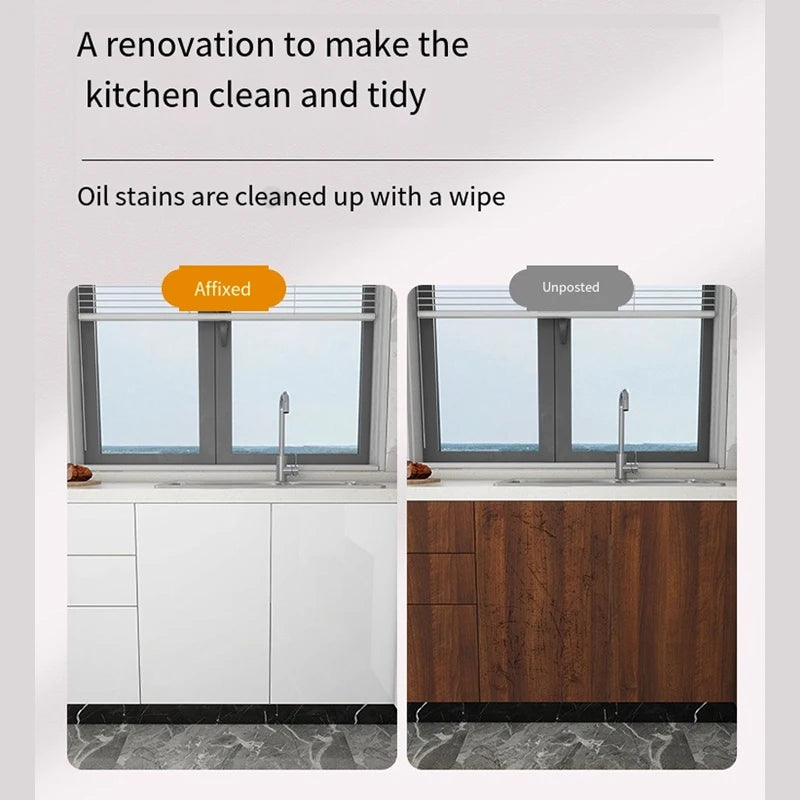 A kitchen window showing a renovated area with white cabinets and dark wood, demonstrating oil stain cleaning.