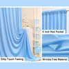 Blue silky fabric curtains with a gathered drape shown in various close-up shots.