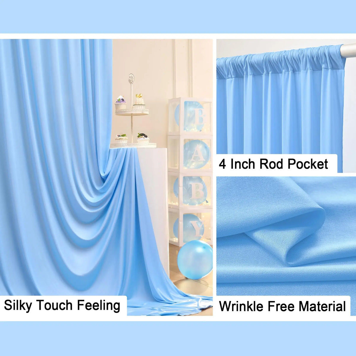 Blue silky fabric curtains with a gathered drape shown in various close-up shots.