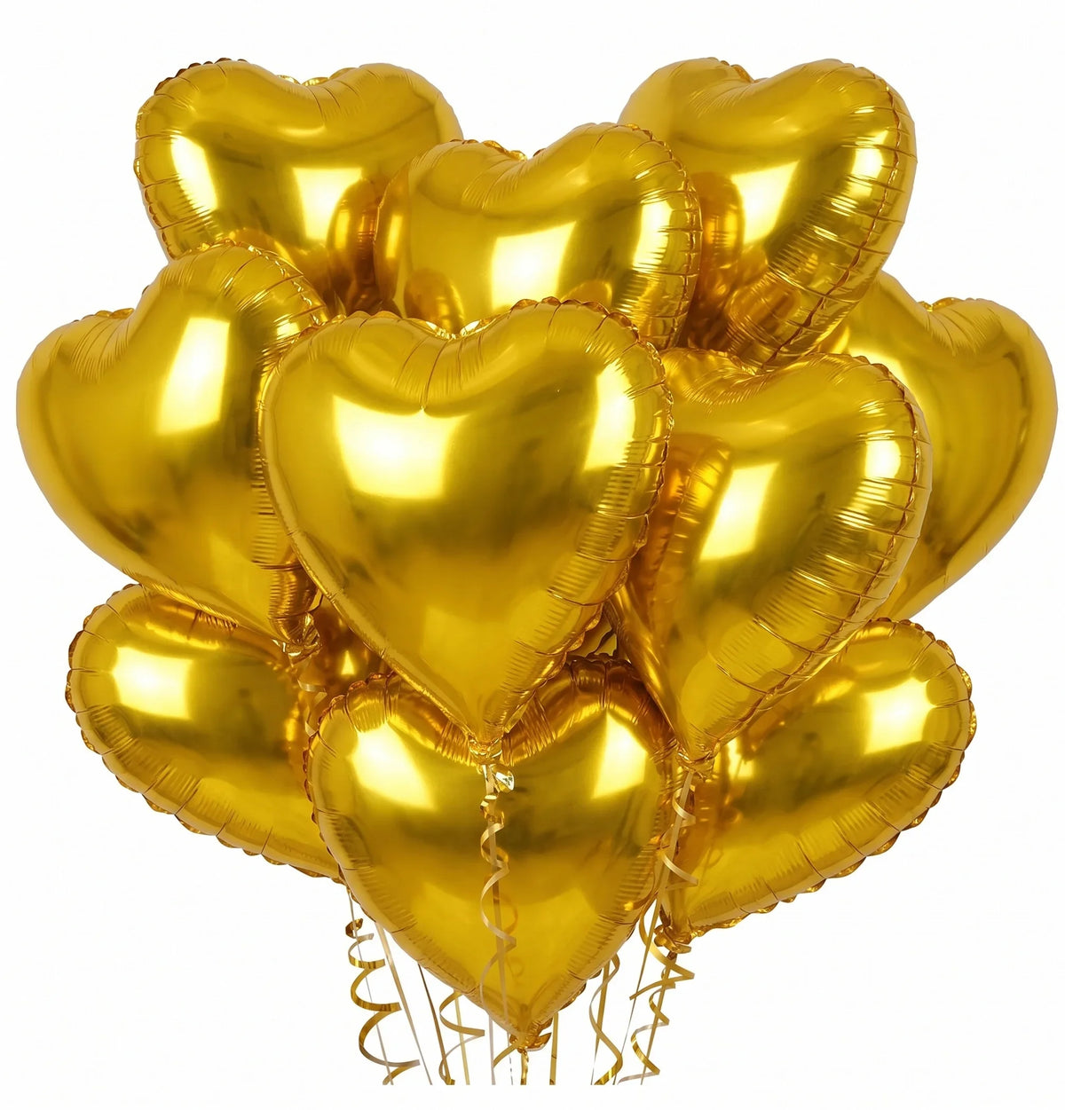 A bunch of gold heart-shaped foil balloons tied together for a celebration.