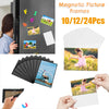 A collection of magnetic picture frames, including various sizes and orientations, displayed next to a refrigerator.