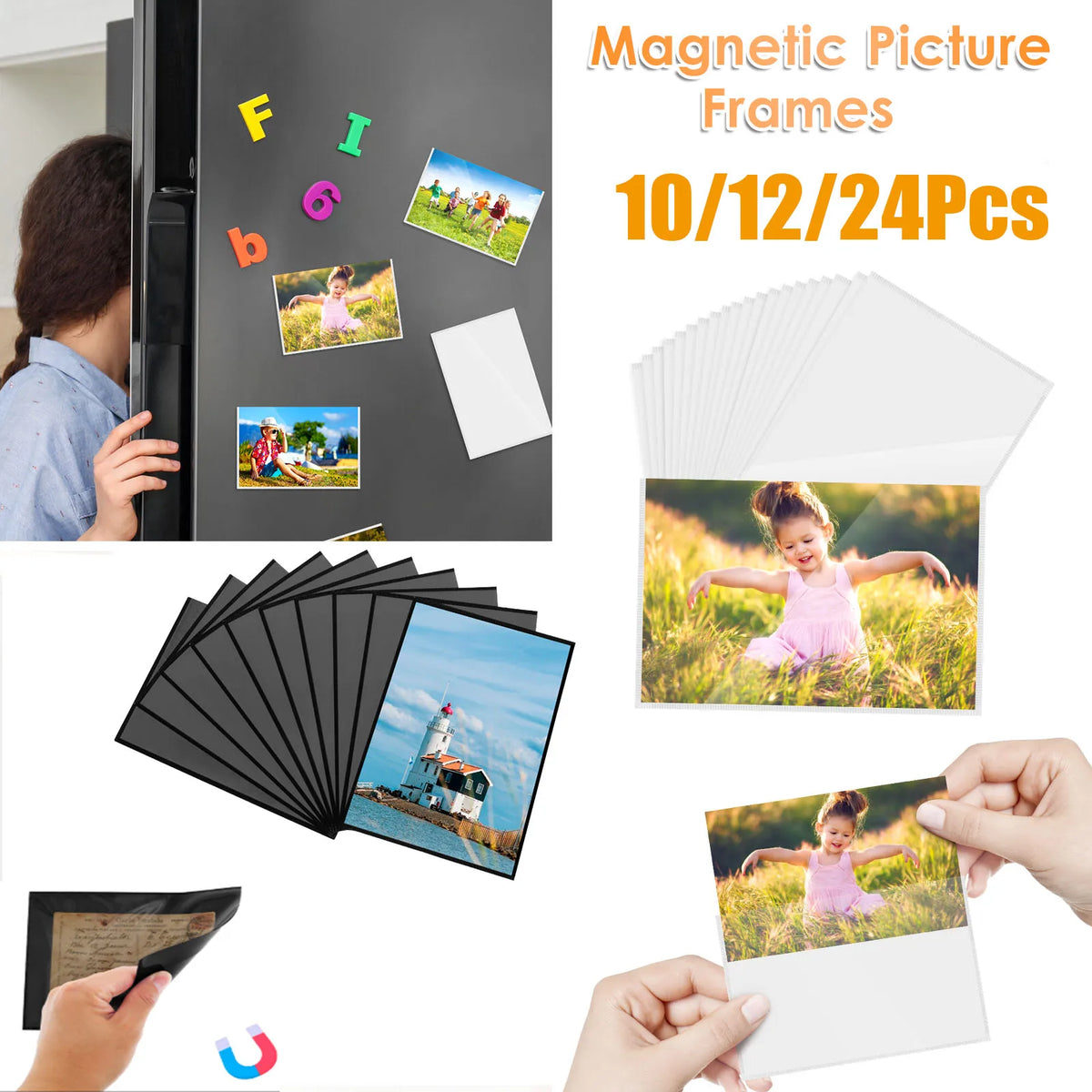 A collection of magnetic picture frames, including various sizes and orientations, displayed next to a refrigerator.