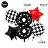 A set of five balloons including a black and white checkered balloon, a red star balloon, and two black number eight shaped b