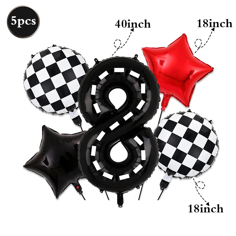 A set of five balloons including a black and white checkered balloon, a red star balloon, and two black number eight shaped b