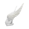 White resin angel wing figurine with a sculpted body shown from the side.
