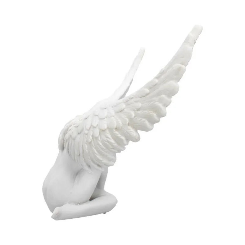 White resin angel wing figurine with a sculpted body, shown from the side.