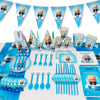 A set of baby boss themed party decorations and disposable tableware including paper banners, plates, forks, and spoons.