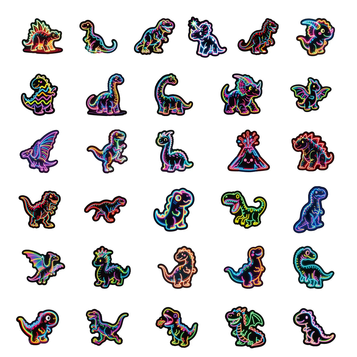 Collection d'autocollants de dinosaures et d'animaux colorés, en diverses poses et styles.