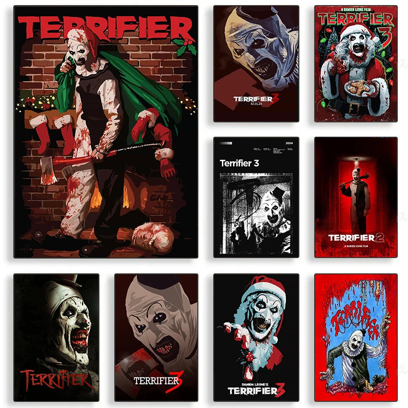 A set of movie posters featuring characters from Terrifier 1, Terrifier 2, and Terrifier 3