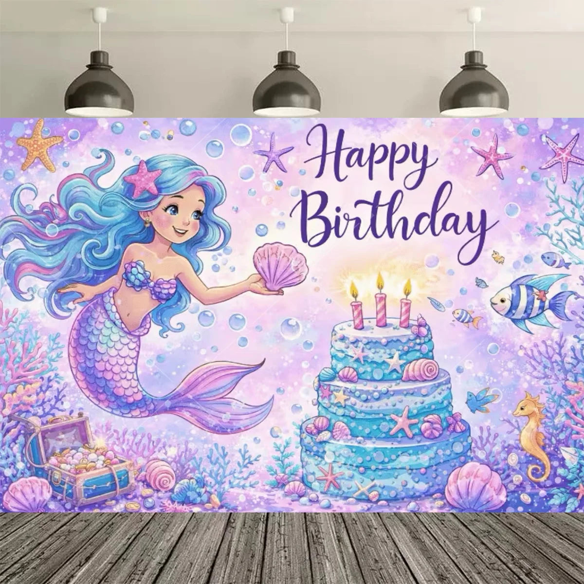 A vibrant purple and blue mermaid tail birthday backdrop featuring a smiling mermaid and sparkling elements.