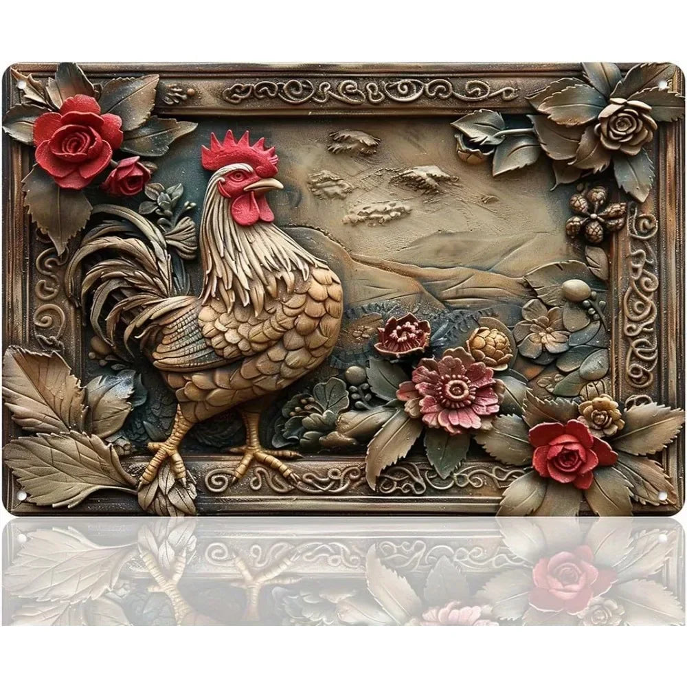 Vintage Bauernhof-Hahn-Dekoration, Metallschild mit detaillierter Skulptur eines Hahnes mit rotem Kamm und Federn