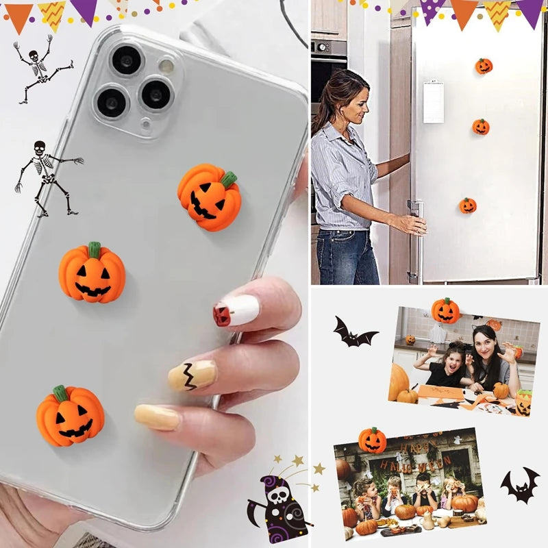 A hand holds a smartphone displaying various orange resin pumpkin charms for fall decoration.