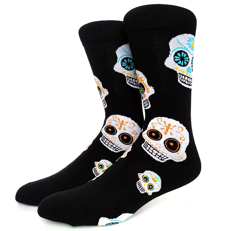 Black crew socks featuring novelty prints of skulls, aliens, and tigers.
