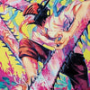 A vibrant anime style poster featuring a character wielding a chainsaw against a bright yellow background with pink and blue 