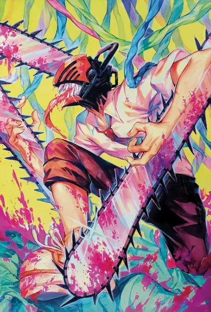 A vibrant anime style poster featuring a character wielding a chainsaw against a bright yellow background with pink and blue 