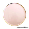 Eight 9-inch pink plates with gold rims for disposable party tableware