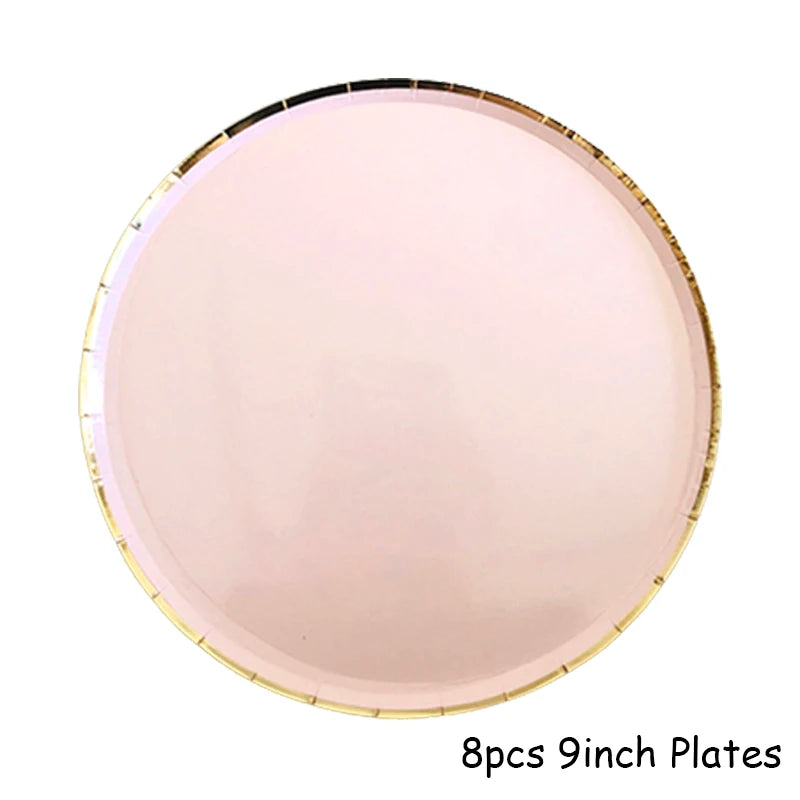 Eight 9-inch pink plates with gold rims for disposable party tableware