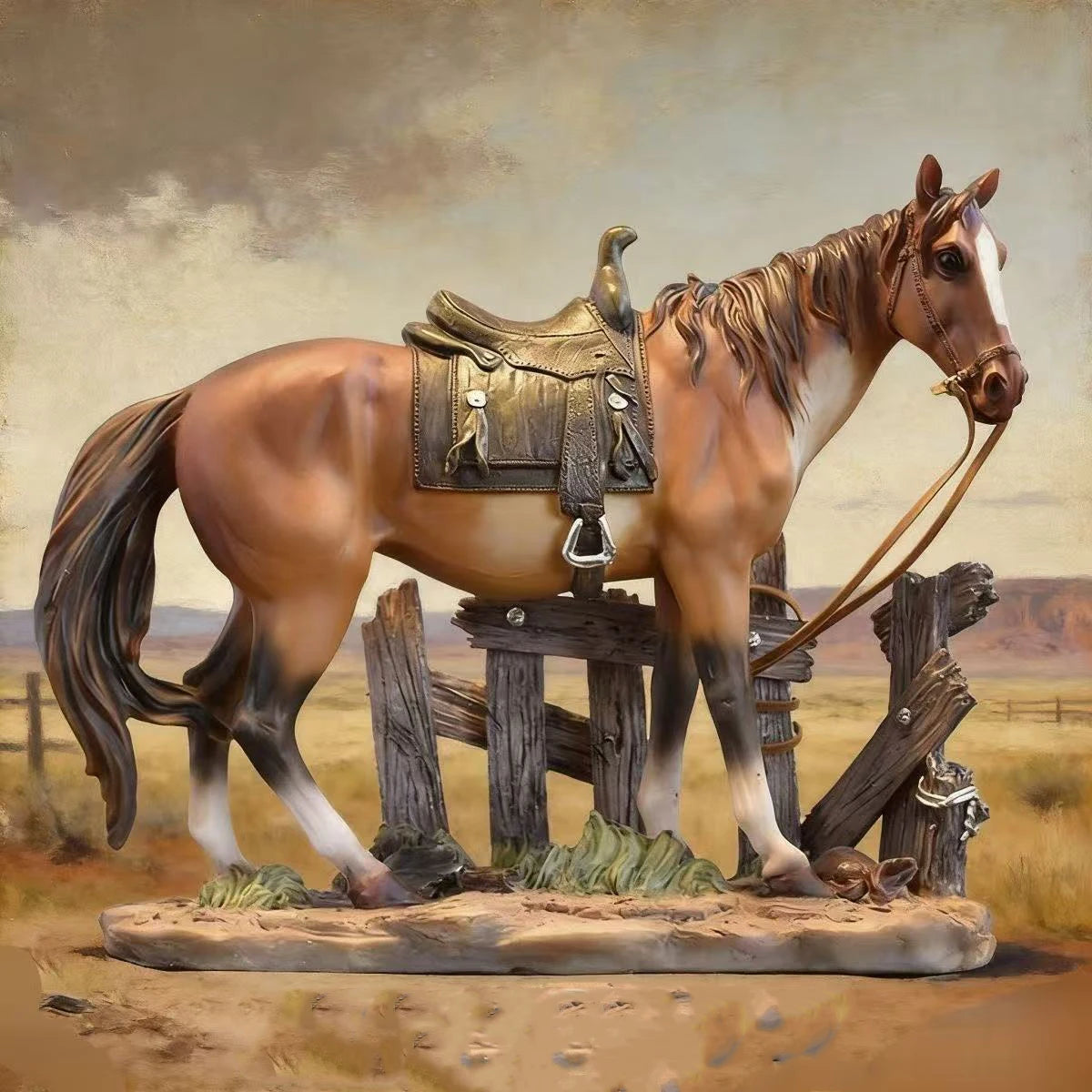 A sculpture of a brown horse with a saddle standing on a wooden fence in a dry landscape.