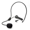 A black wired headset microphone with an adjustable boom and a foam windscreen.