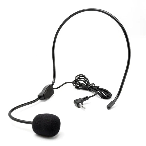 A black wired headset microphone with an adjustable boom and a foam windscreen.