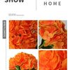 A collection of realistic orange and peach latex hydrangea artificial flowers shown in various close-up arrangements.