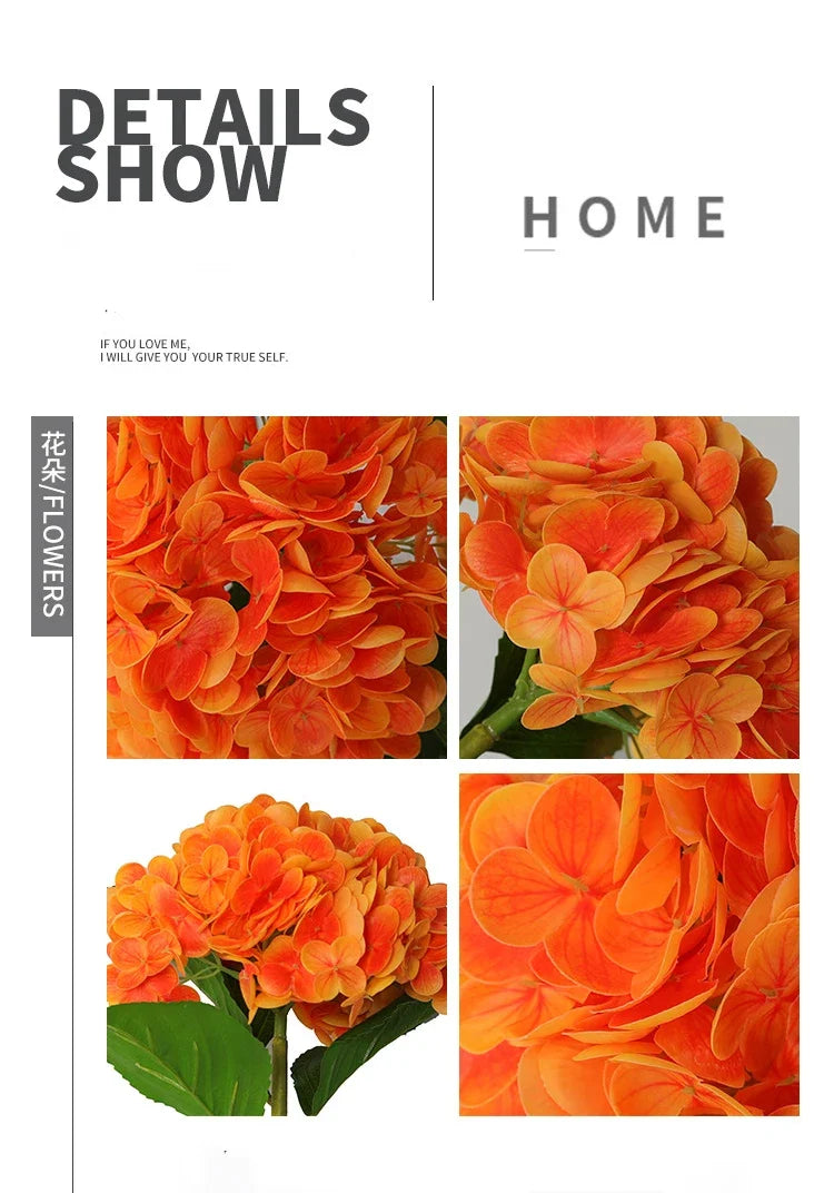 A collection of realistic orange and peach latex hydrangea artificial flowers shown in various close-up arrangements.