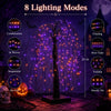 An illustration showing eight lighting modes for a Halloween lighted willow tree with purple and orange LEDs.