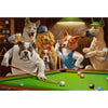 A painting of several dogs playing poker on a green felt table in a wooden room.