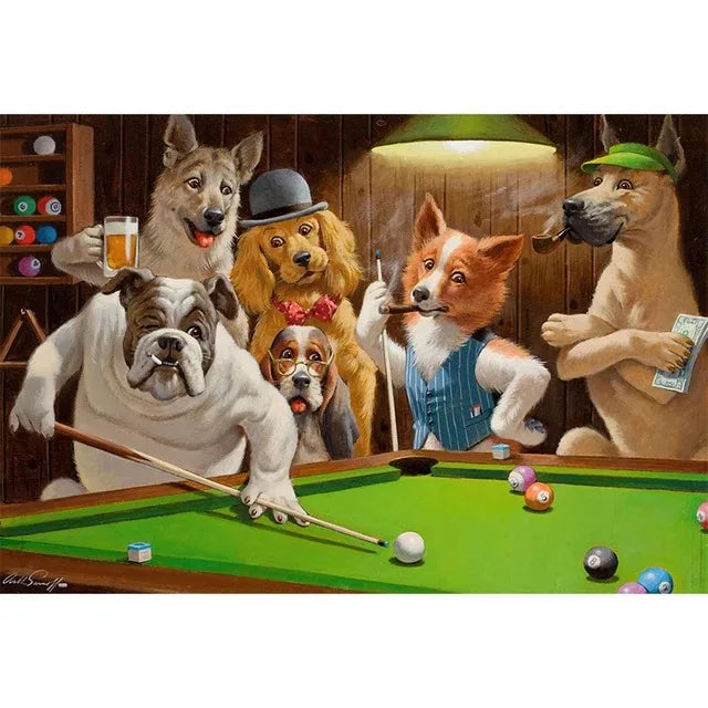 A painting of several dogs playing poker on a green felt table in a wooden room.