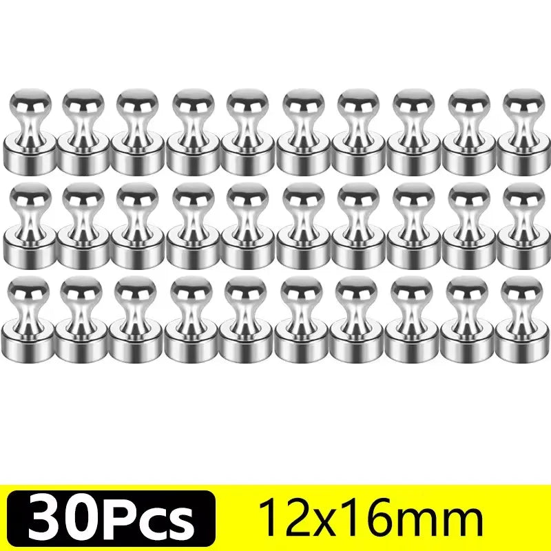 A set of 30 strong neodymium magnetic pushpins in various sizes and finishes.