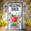 A vertical banner featuring the text Welcome Back to School surrounded by sunflowers and books.