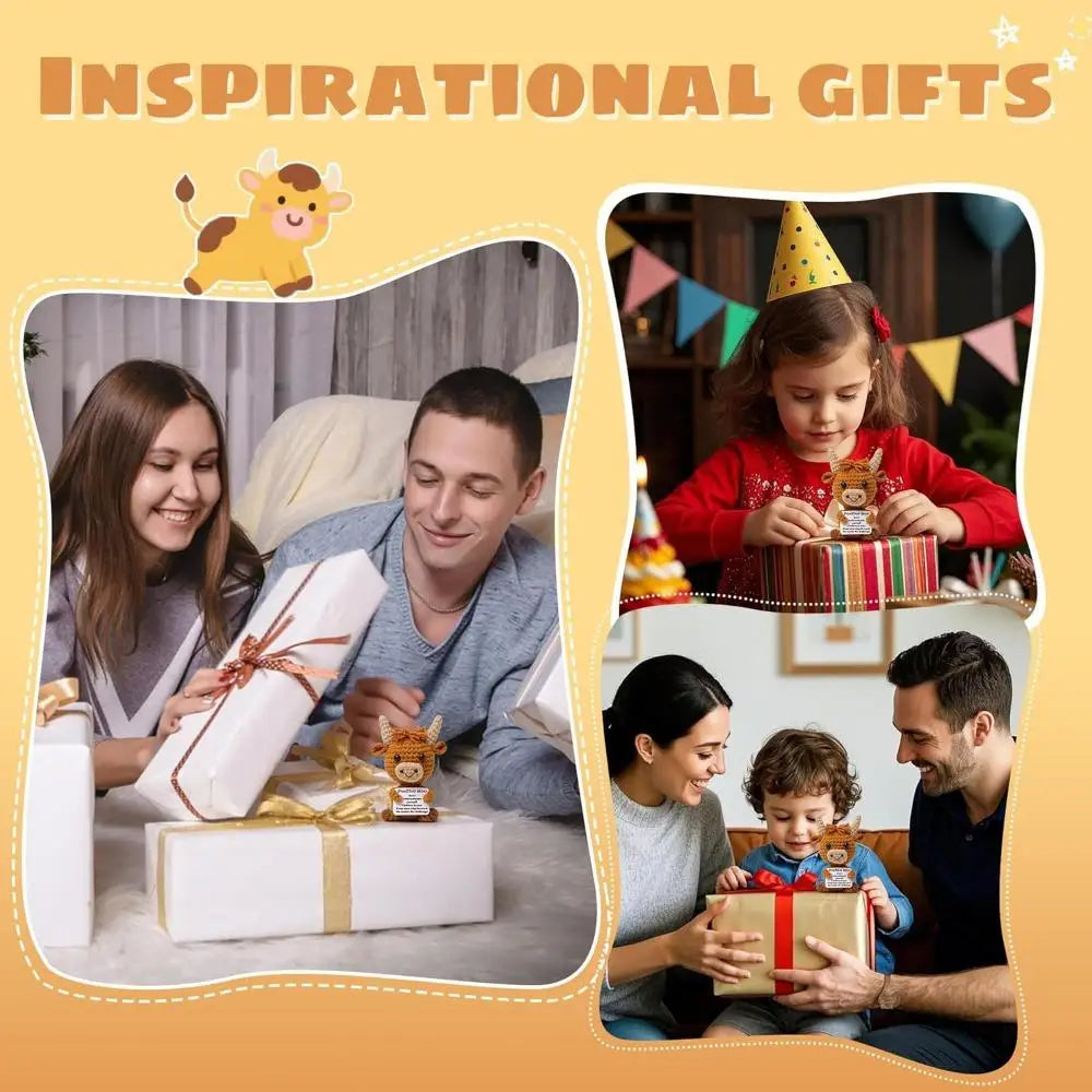 A family is shown gifting a crocheted Highland cow keychain keepsake to a child.
