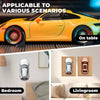 A yellow die-cast car model is displayed on a wooden surface, with options for wall mounting in a bedroom or living room.