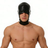 A male model wearing a black faux leather hood mask with blindfold.