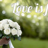 A smiling bride in a white dress and veil holds a bouquet of white roses with the text Love is forever.