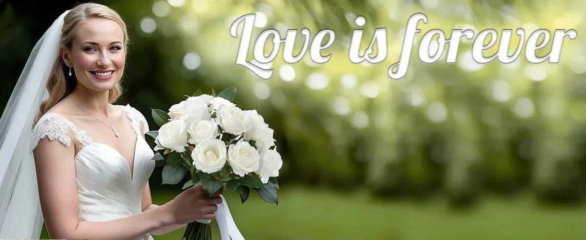 A smiling bride in a white dress and veil holds a bouquet of white roses with the text Love is forever.