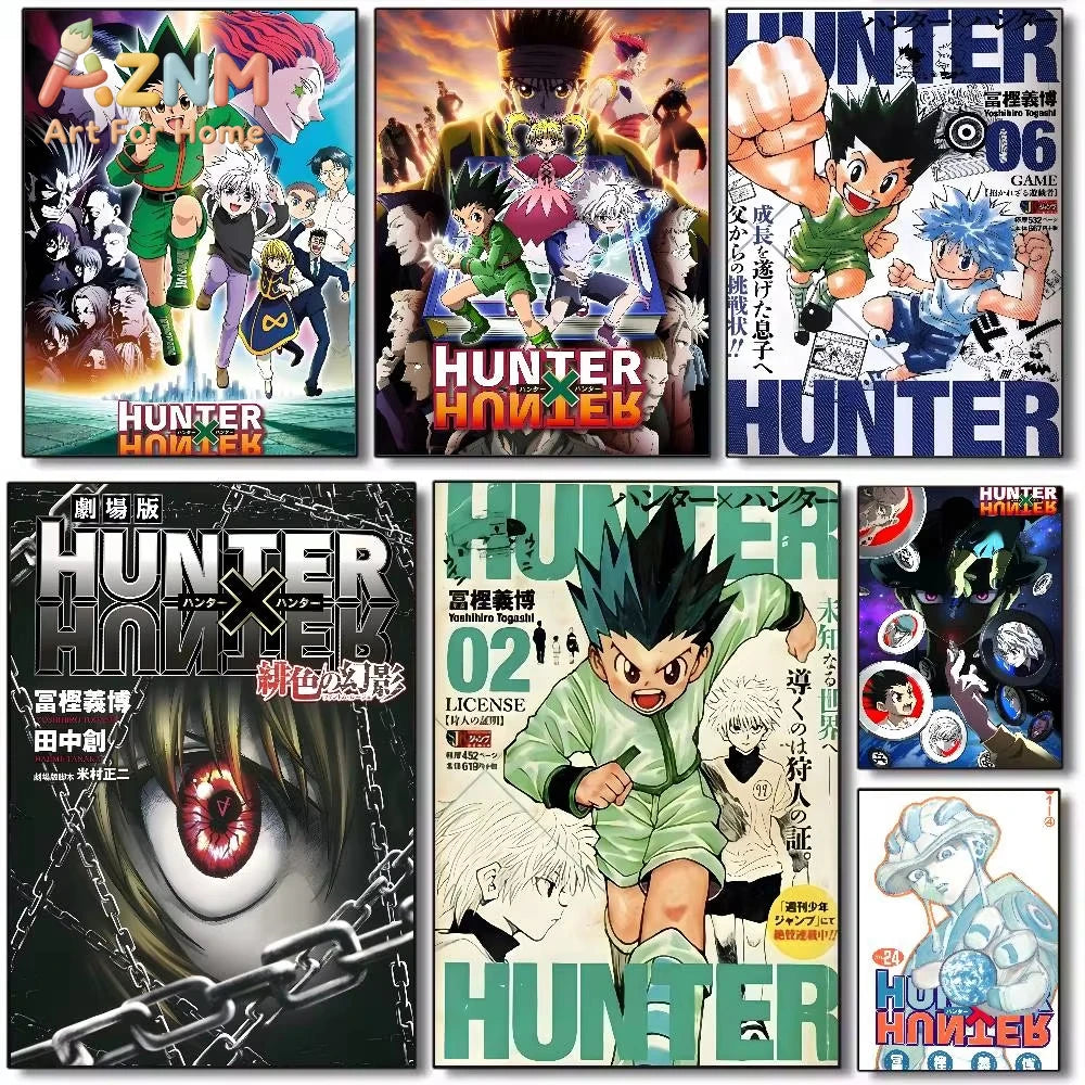 A collection of Hunter x Hunter anime canvas wall art featuring various characters and scenes.